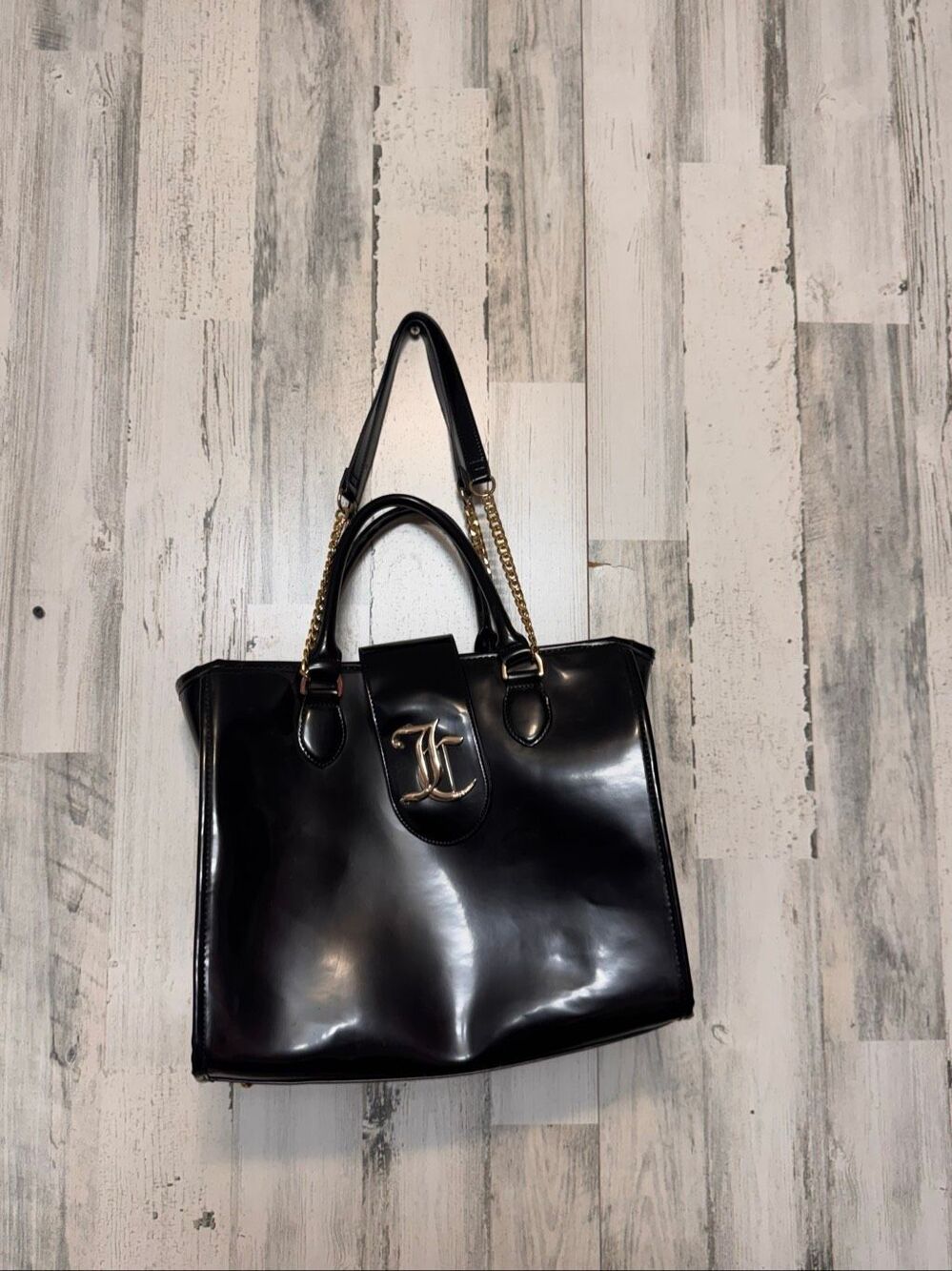 Juicy Couture Black Patent Faux Leather Tote Bag with Coin Pouch Purse Gold Chai